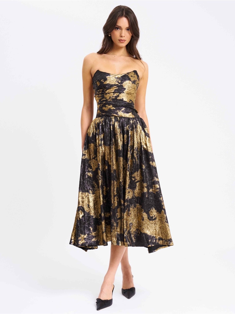 Miss Circle Saanvi Gold Tie Dye Bronzing Strapless Drop Waist Midi Dress Size M